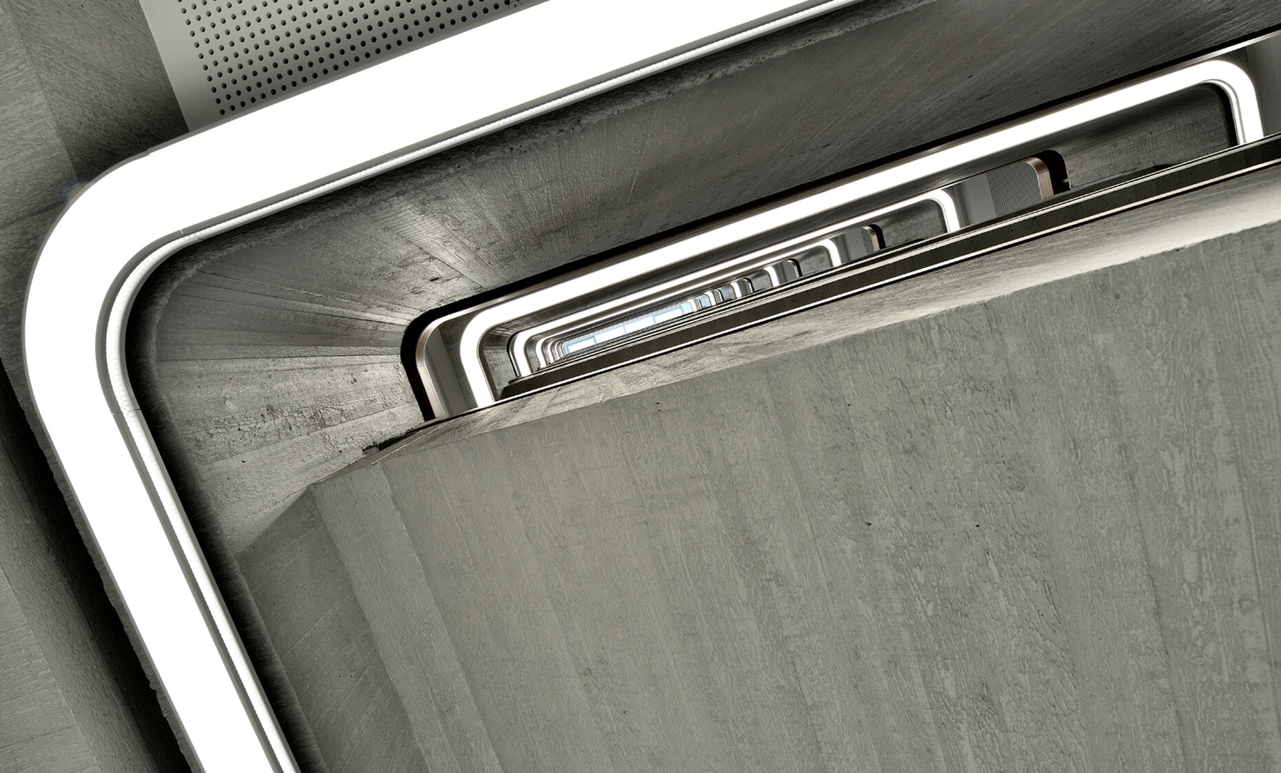 View of the tunnel: Along the ceiling openings above the eye of the stairs a crown of light using powerful LED modules has been created on all eight floors.