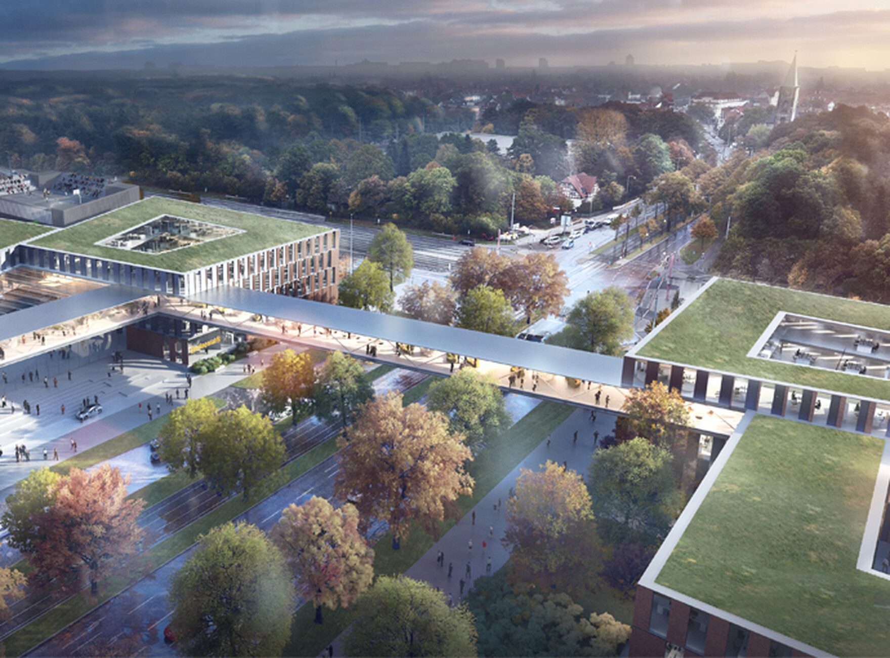 Der Hauptsitz von Continental in Hannover von Henn Architekten ist mit einer Solitärbebauung einzelner Häuser belegt, die über Brücken miteinander verbunden ist.