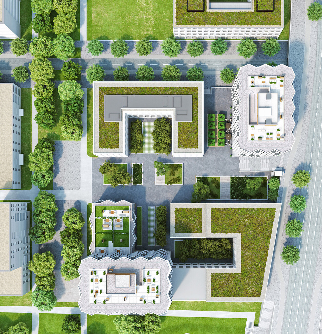 The 15-story residential towers are located in the new quarter “Am Hirschgarten”, which is close to the parks of west Munich.