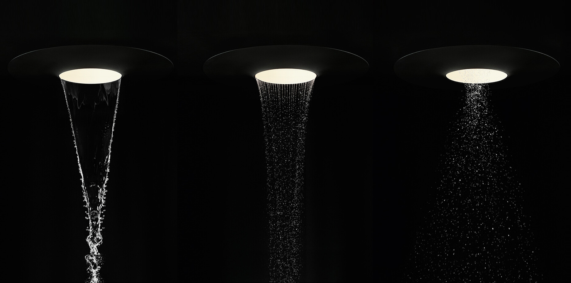 "Aquamoon" von Dornbracht verbindet faszinierende Lichtszenerien mit drei verschiedenen Duschstrahlarten: "Aqua Circle", "Queen's Collar" und "Tempest"