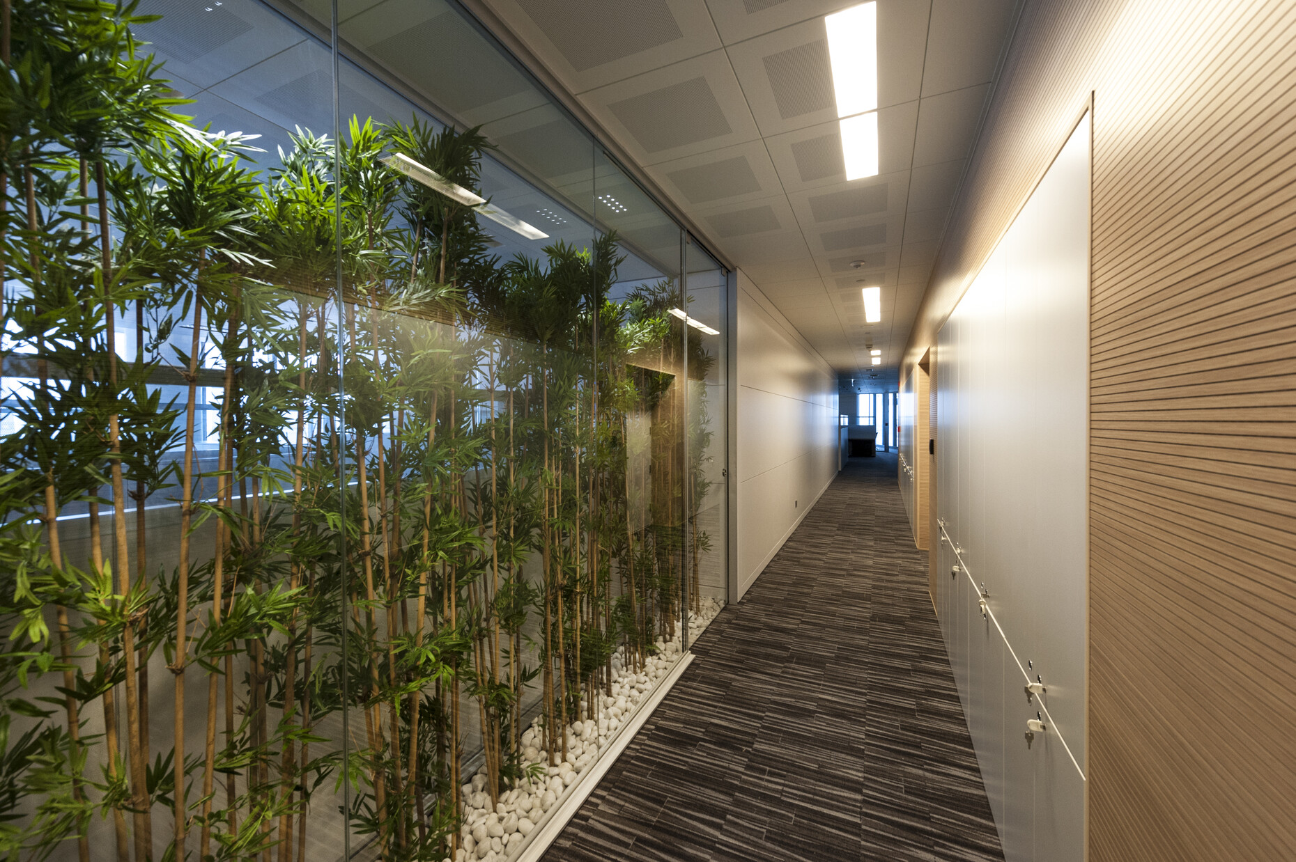 Grünzonen in den Etagen mit Open Space-Büros bilden einen spannenden Kontrast zur Architektur.