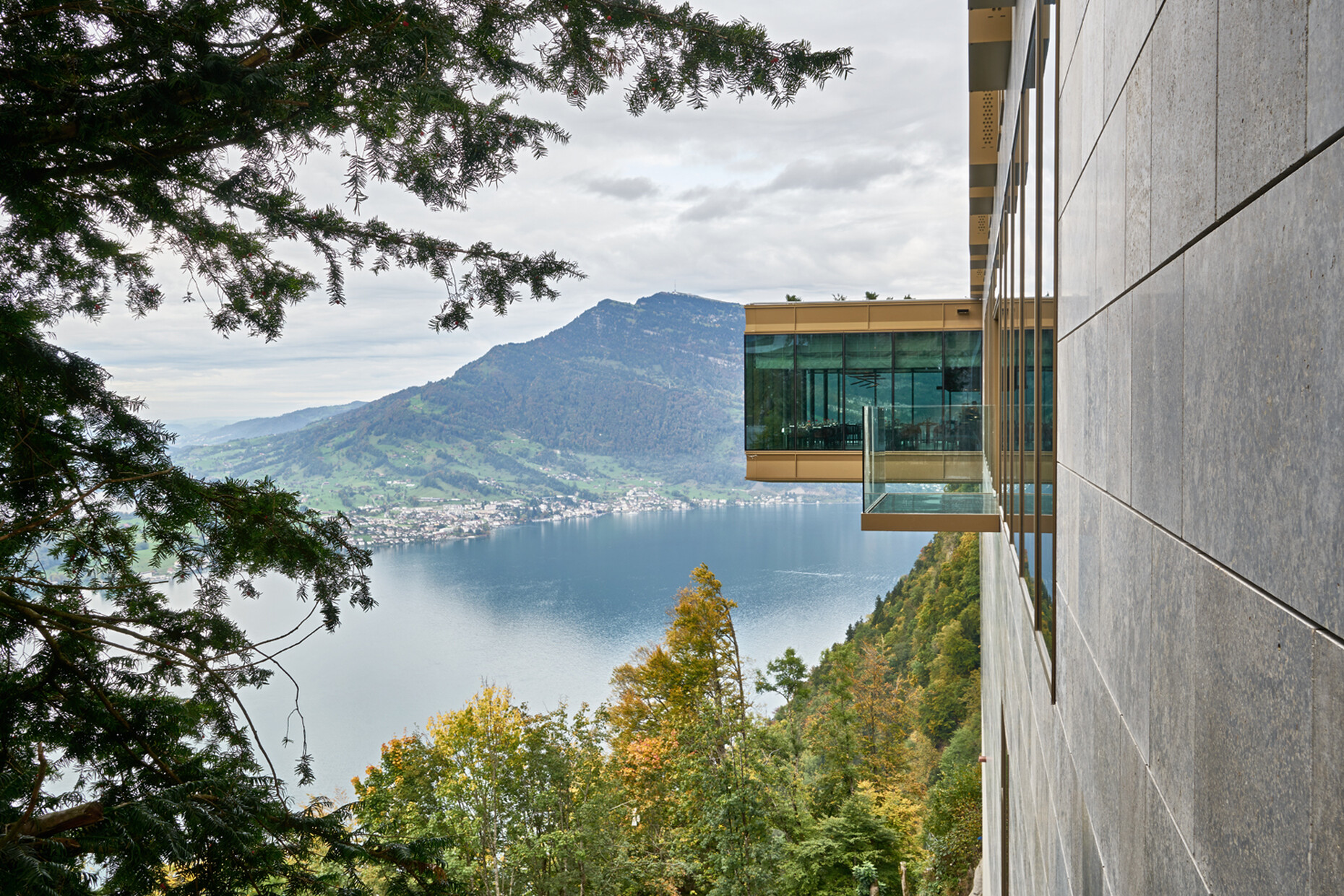 The upstream restaurant offers a panoramic view over the nearby Lake Lucerne.