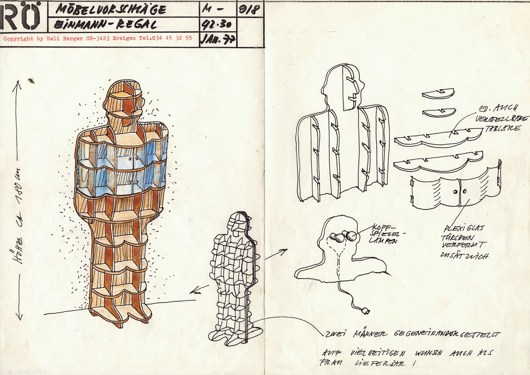 Susi und Ueli Berger: Zeichnung Einmann-Regal (1977)