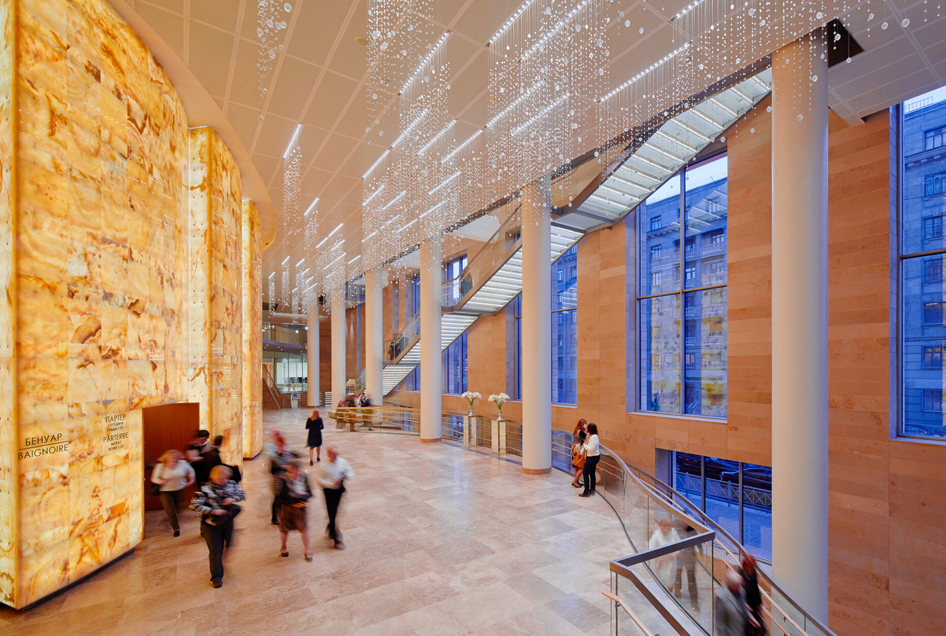 The foyer features 4,000 square meters of Iranian onyx, backlit by special LED technology.