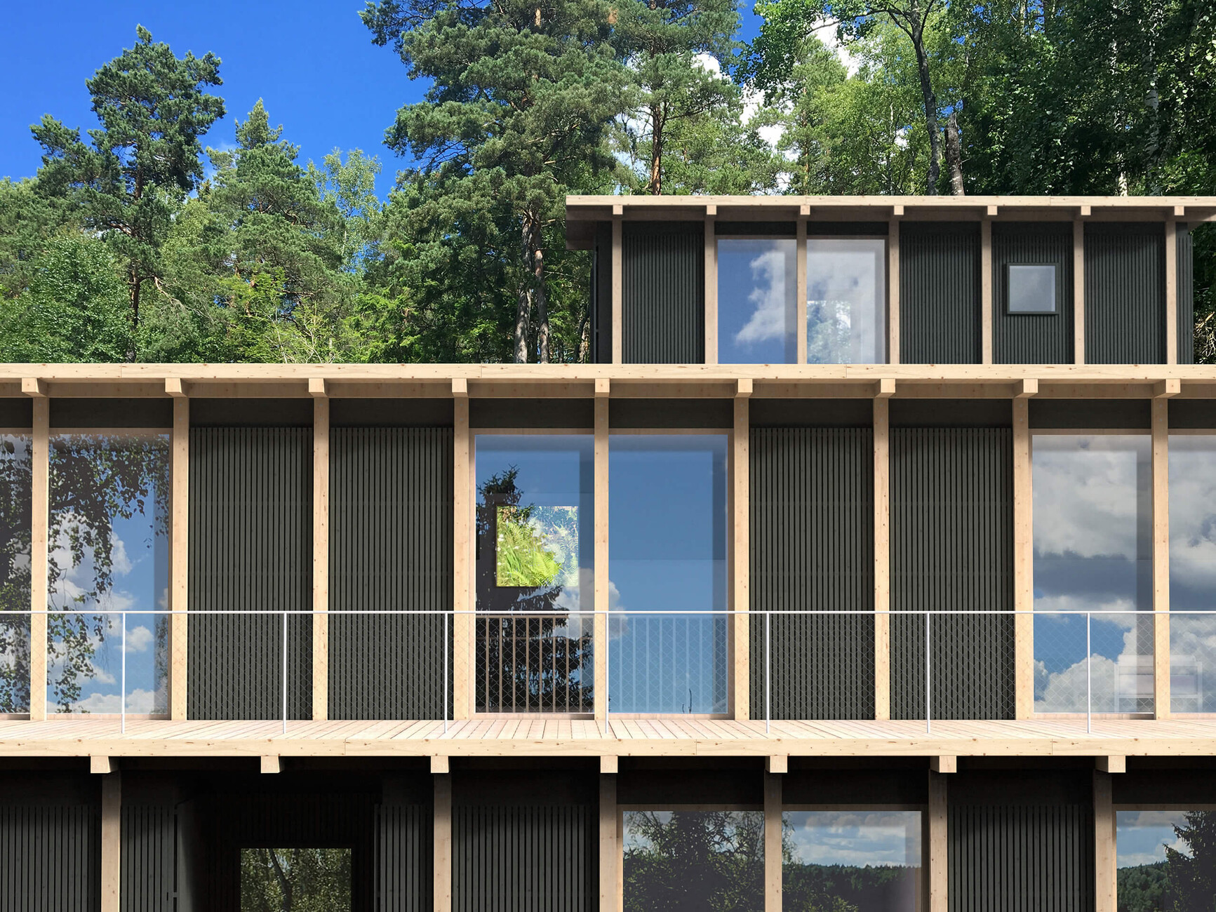 Clearly structured: the façade of the building is grid-shaped with wooden elements.