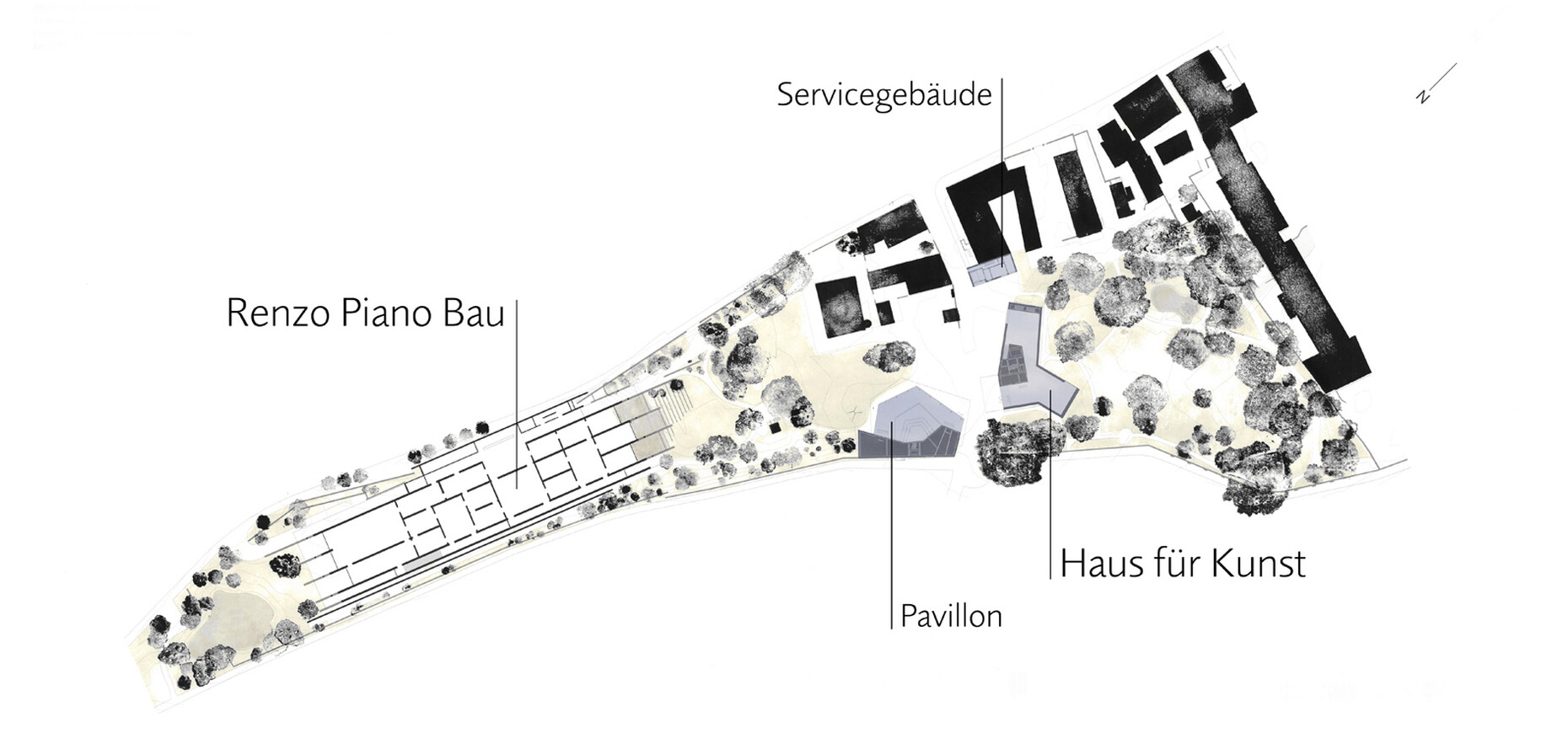 The map is tilted, north and thus also the piano building are located on the left, Zumthor's three new buildings in the center right.