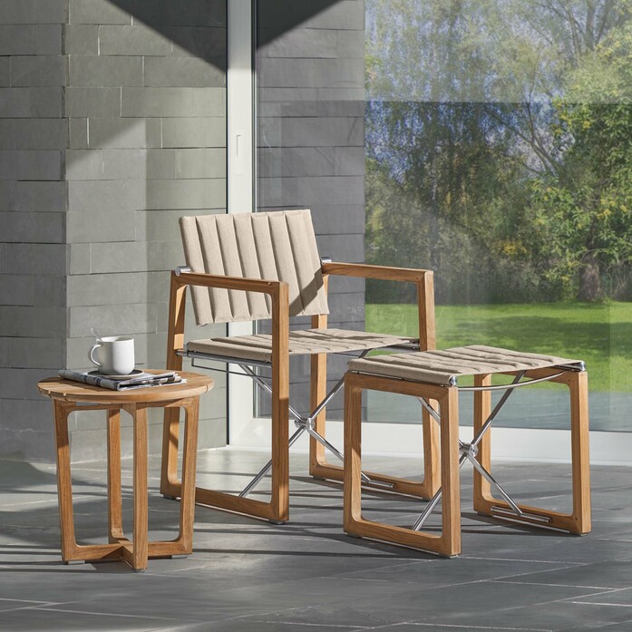 Gartenmoebel armlehnstuhl klappbar hocker teak edelstahl polymergewebe wetterfest benton ambiente